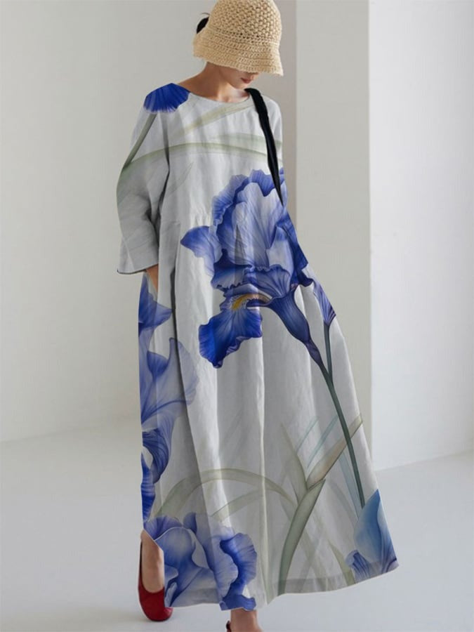 Bedrucktes V-Ausschnitt Elegantes schickes langes, langärmliges Maxi kleid