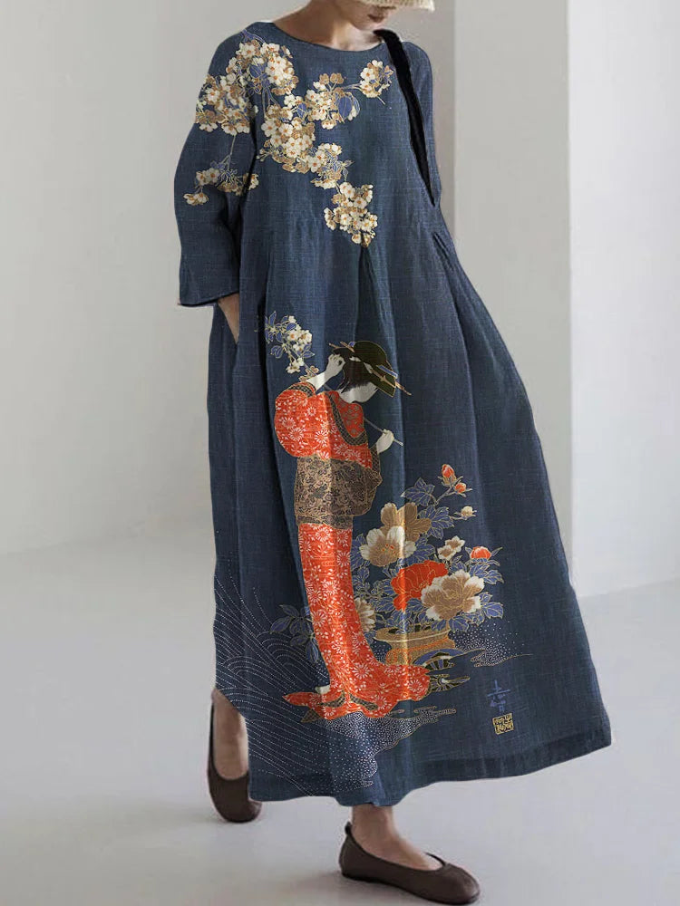 Bedrucktes V-Ausschnitt Elegantes schickes langes, langärmliges Maxi kleid