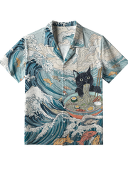 Männer freche Katze essen Ramen Button Down Shirt