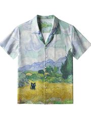 Männer schwarze Katze im Weizenfeld Button Down Shirt