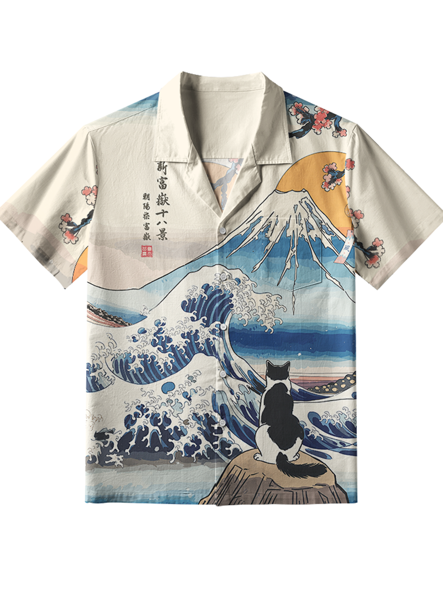 Männer Katze mit Blick auf die große Welle Button-Down-Shirt