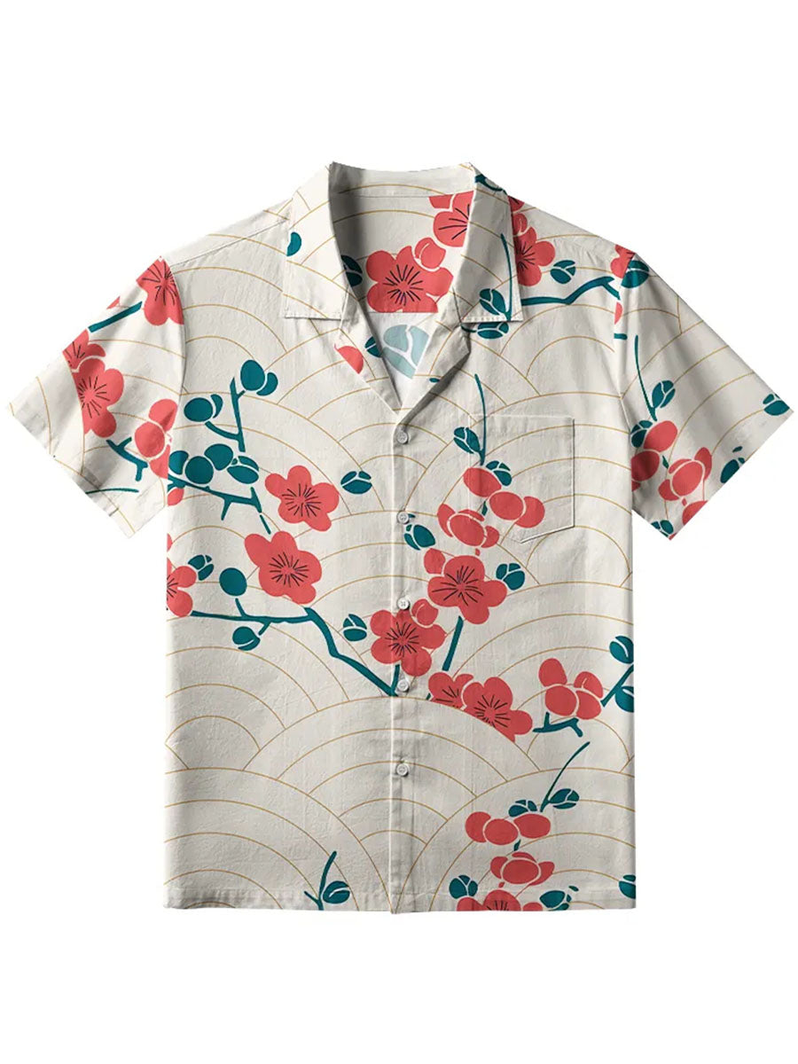 Herren-Leinen hemd aus japanischer Kunst mit Blumen druck