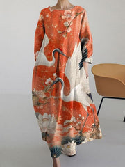 Damen Japanische Kunst Kran Print Rundhals-Freizeit kleider