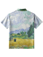 Herren japanische Kunst Katze Print Leinen hemd