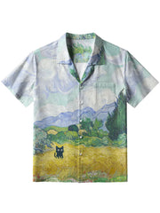 Herren japanische Kunst Katze Print Leinen hemd