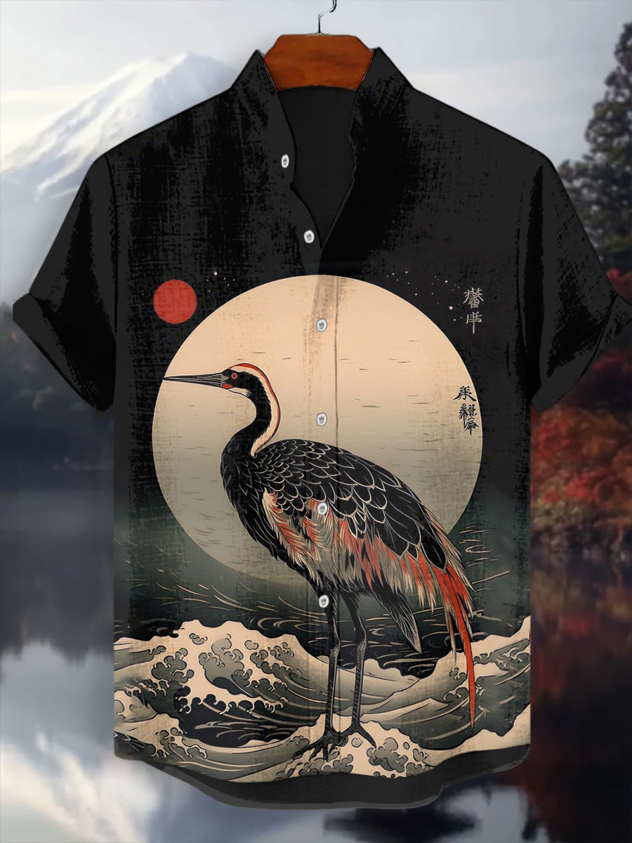 Japanisches Kran-Kunst-Hemd für Männer mit kurzen Ärmeln