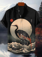 Japanisches Kran-Kunst-Hemd für Männer mit kurzen Ärmeln