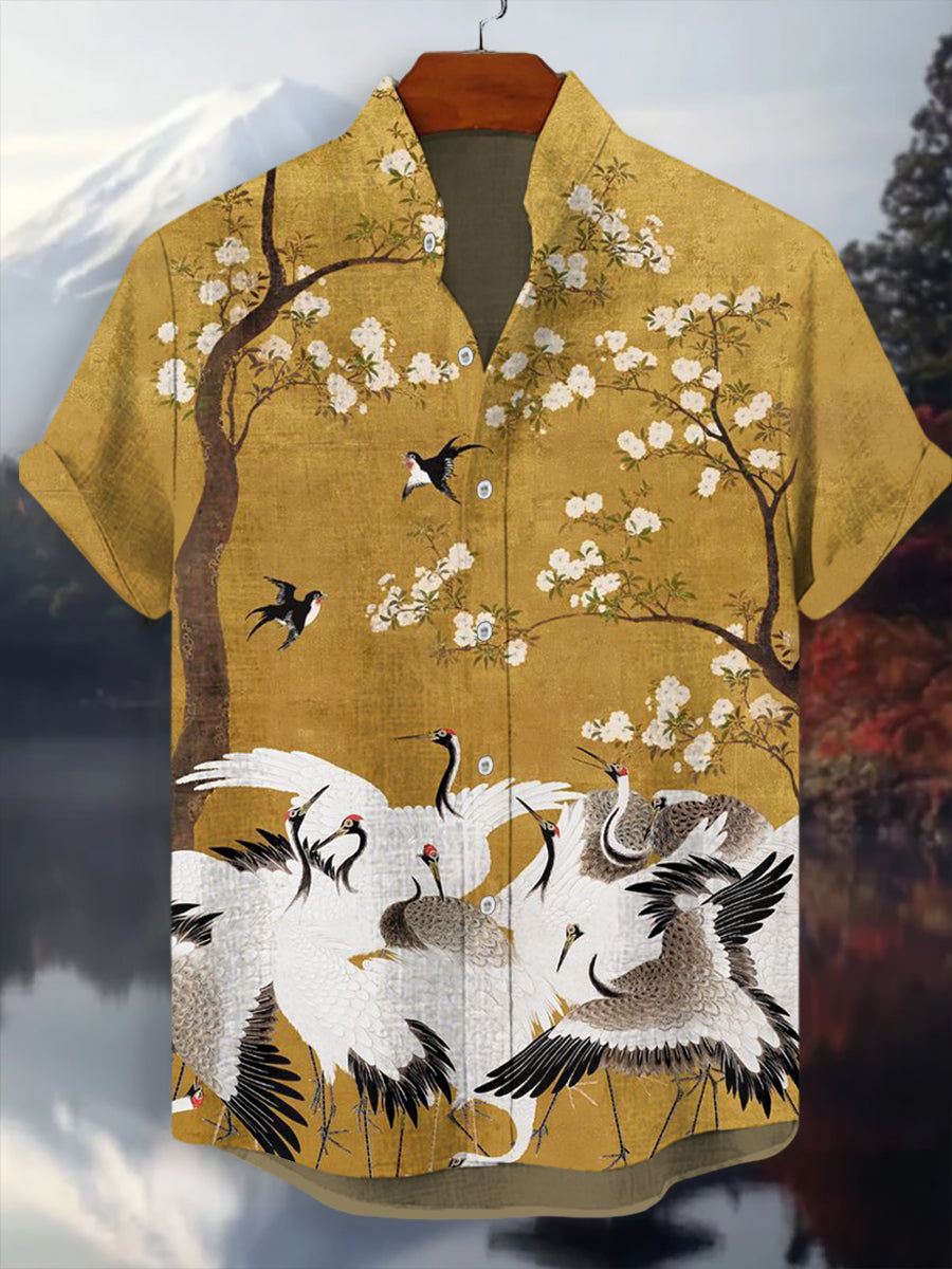 Japanisches Kran-Kunst-Hemd für Männer mit kurzen Ärmeln