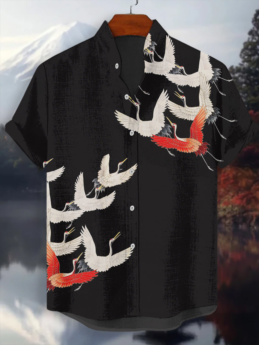 Japanisches Kran-Kunst-Hemd für Männer mit kurzen Ärmeln