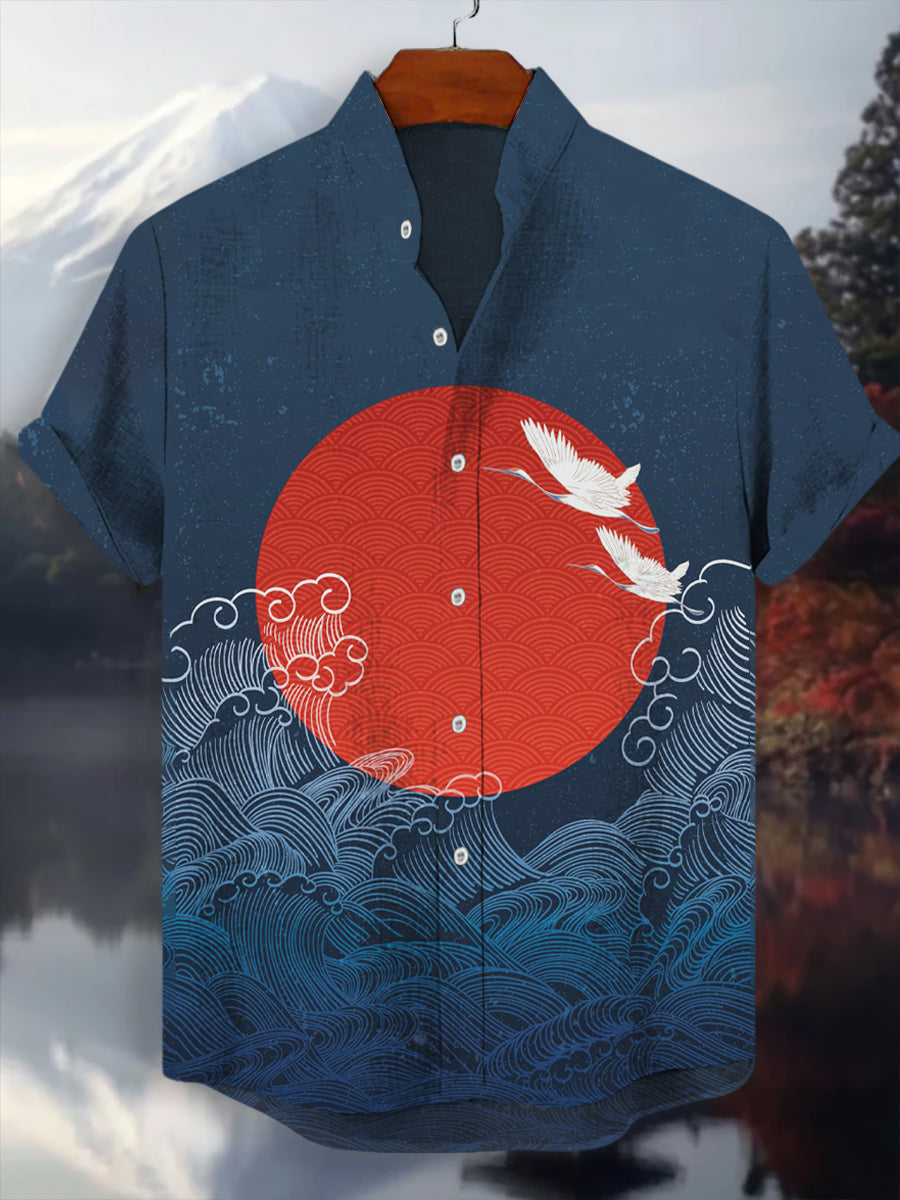 Japanisches Kran-Kunst-Hemd für Männer mit kurzen Ärmeln