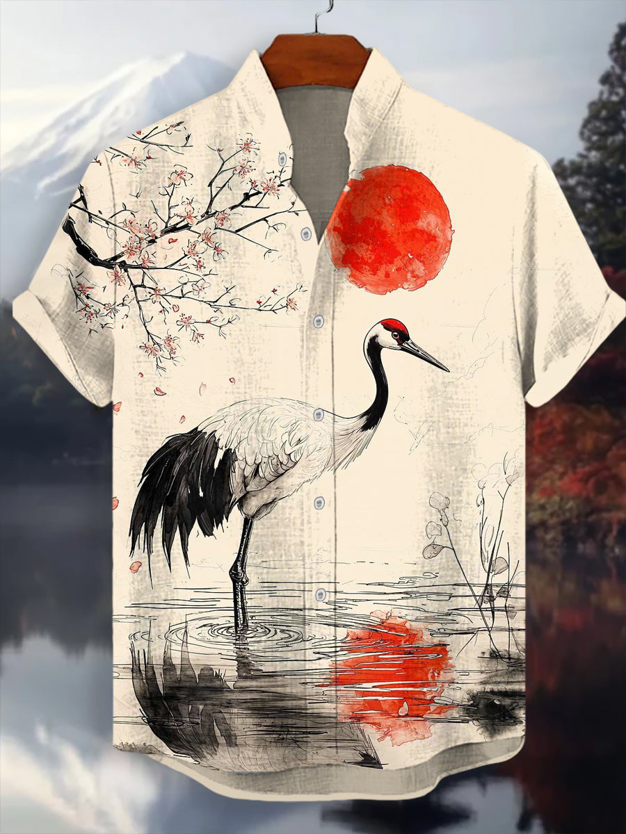 Japanisches Kran-Kunst-Hemd für Männer mit kurzen Ärmeln