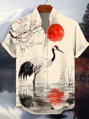 Japanisches Kran-Kunst-Hemd für Männer mit kurzen Ärmeln