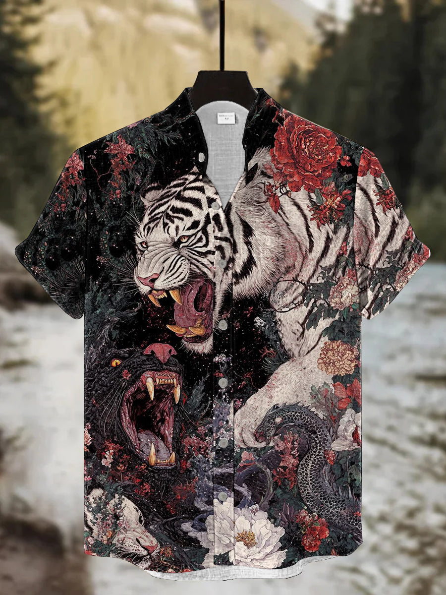 Herren Vintage Kunst Tiger Kurz ärmel iges Hemd