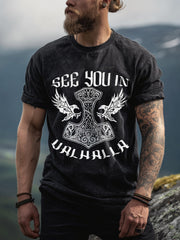 Wikinger inspirierte Druck gewaschene T-Shirt für Männer