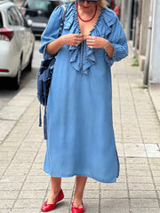 Damen einfarbig lässig lockere Rüsche mit V-Ausschnitt 3/4 Ärmel Leinen kleid aus Baumwolle