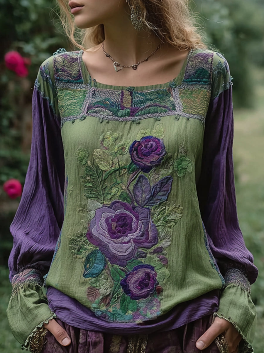 Damen Vintage Blumen besticktes Leinen hemd