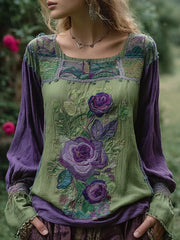 Damen Vintage Blumen besticktes Leinen hemd