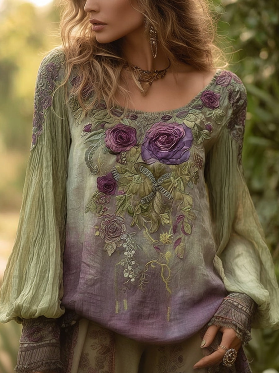Elegantes Blumen-Besticktes Vintage-Hemd für Damen