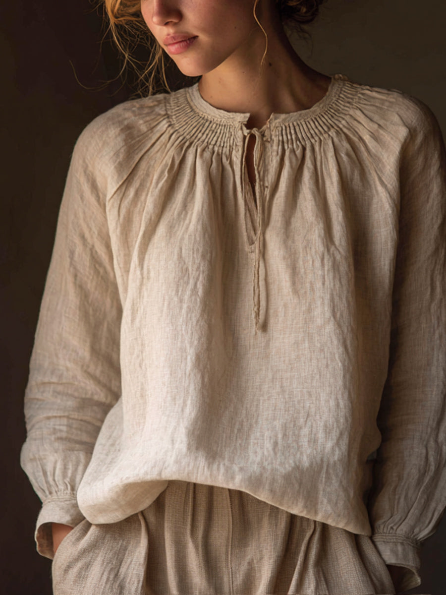 Damen Vintage Einfaches Leinen Langarm Hemd