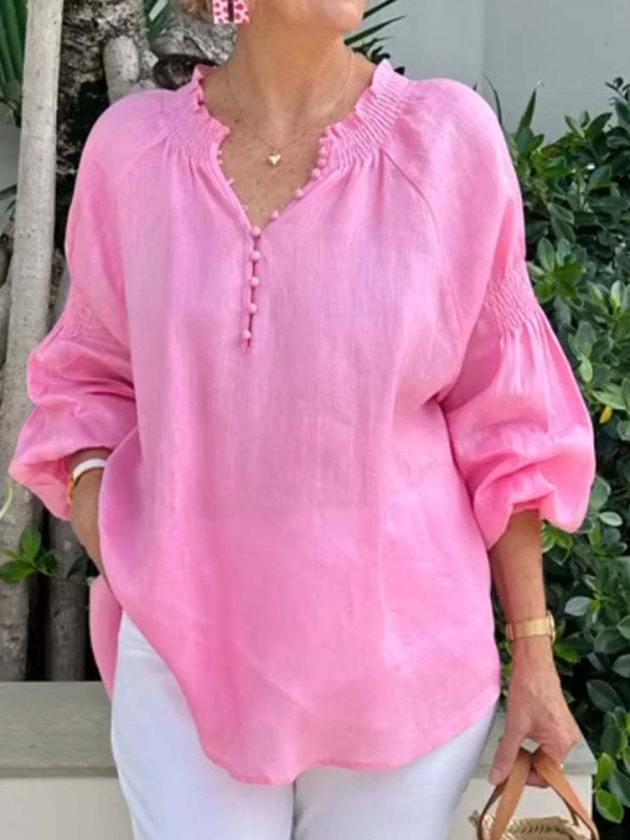 Bedrucktes V-Ausschnitt Revers knopf Vintage Lässiges Langarm-Shirt