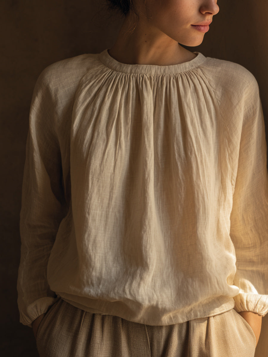 Elegantes, einfaches, langärmliges Leinen hemd für Damen