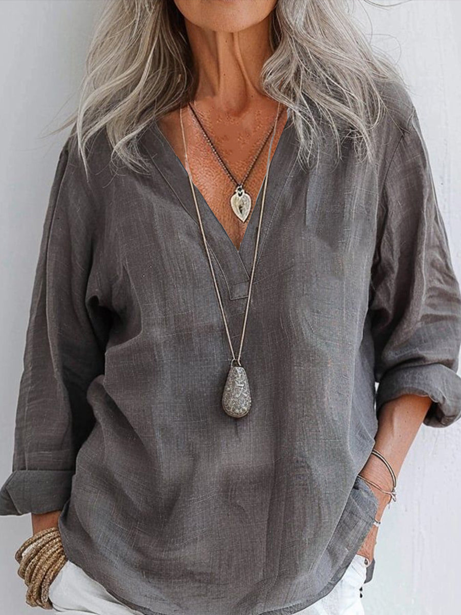 Bedrucktes V-Ausschnitt Revers knopf Vintage Lässiges Langarm-Shirt