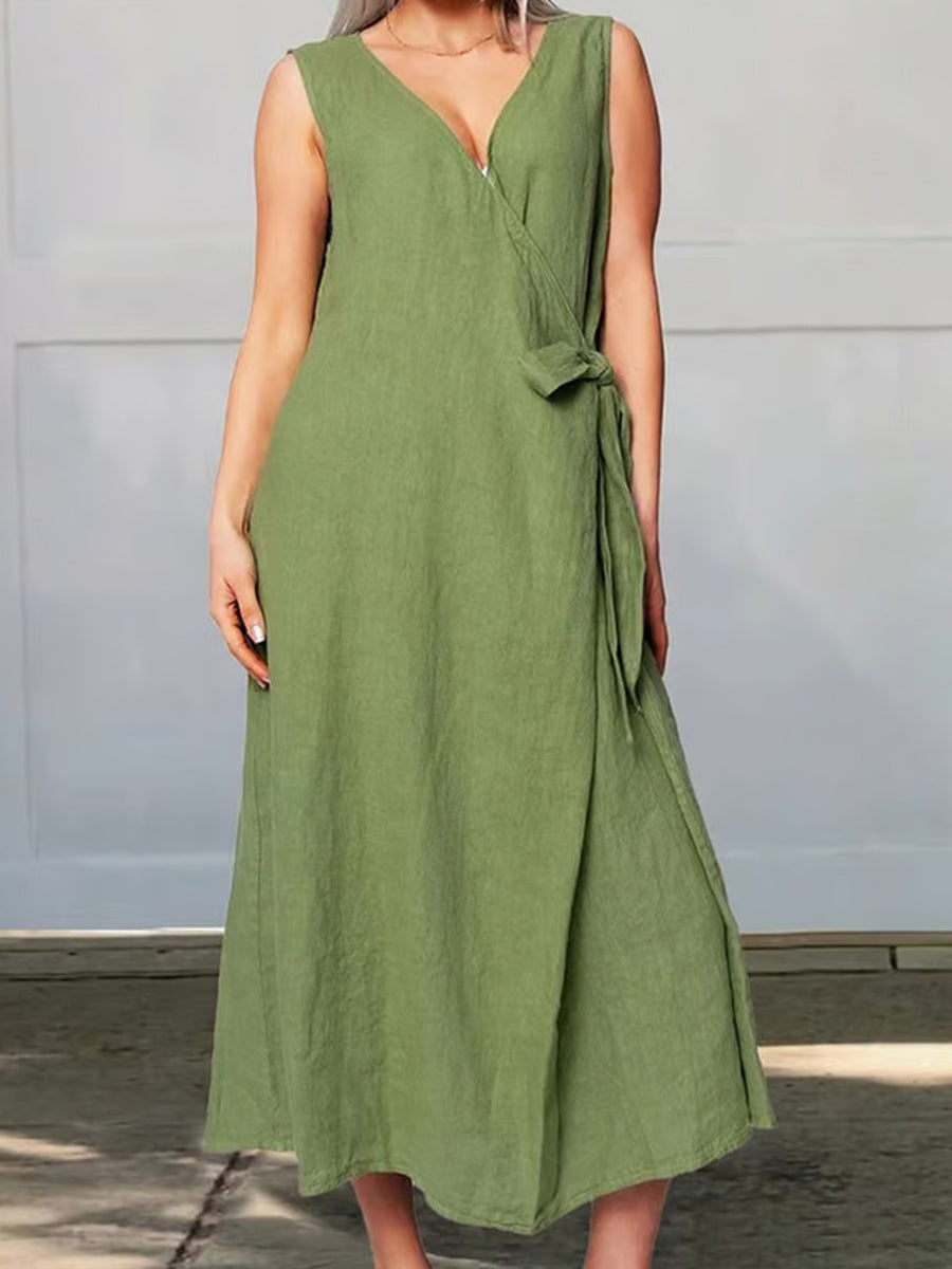 Einfaches Einfarbiges Leinen-Schnürkleid für Frauen