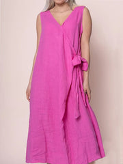Einfaches Einfarbiges Leinen-Schnürkleid für Frauen