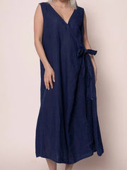 Einfaches Einfarbiges Leinen-Schnürkleid für Frauen