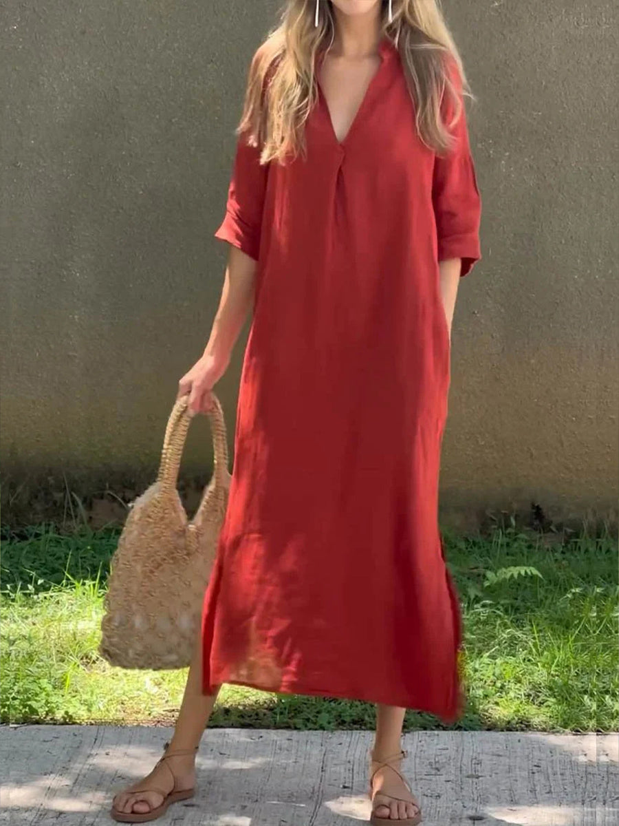 Damen Vintage Einfaches Leinen-Midi-Kleid