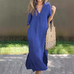 Damen Vintage Einfaches Leinen-Midi-Kleid