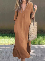 Damen Vintage Einfaches Leinen-Midi-Kleid