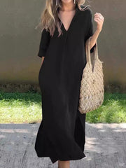 Damen Vintage Einfaches Leinen-Midi-Kleid