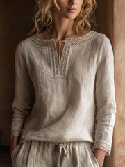 Damen-Vintage-Spitze-Patchwork-Leinen hemd
