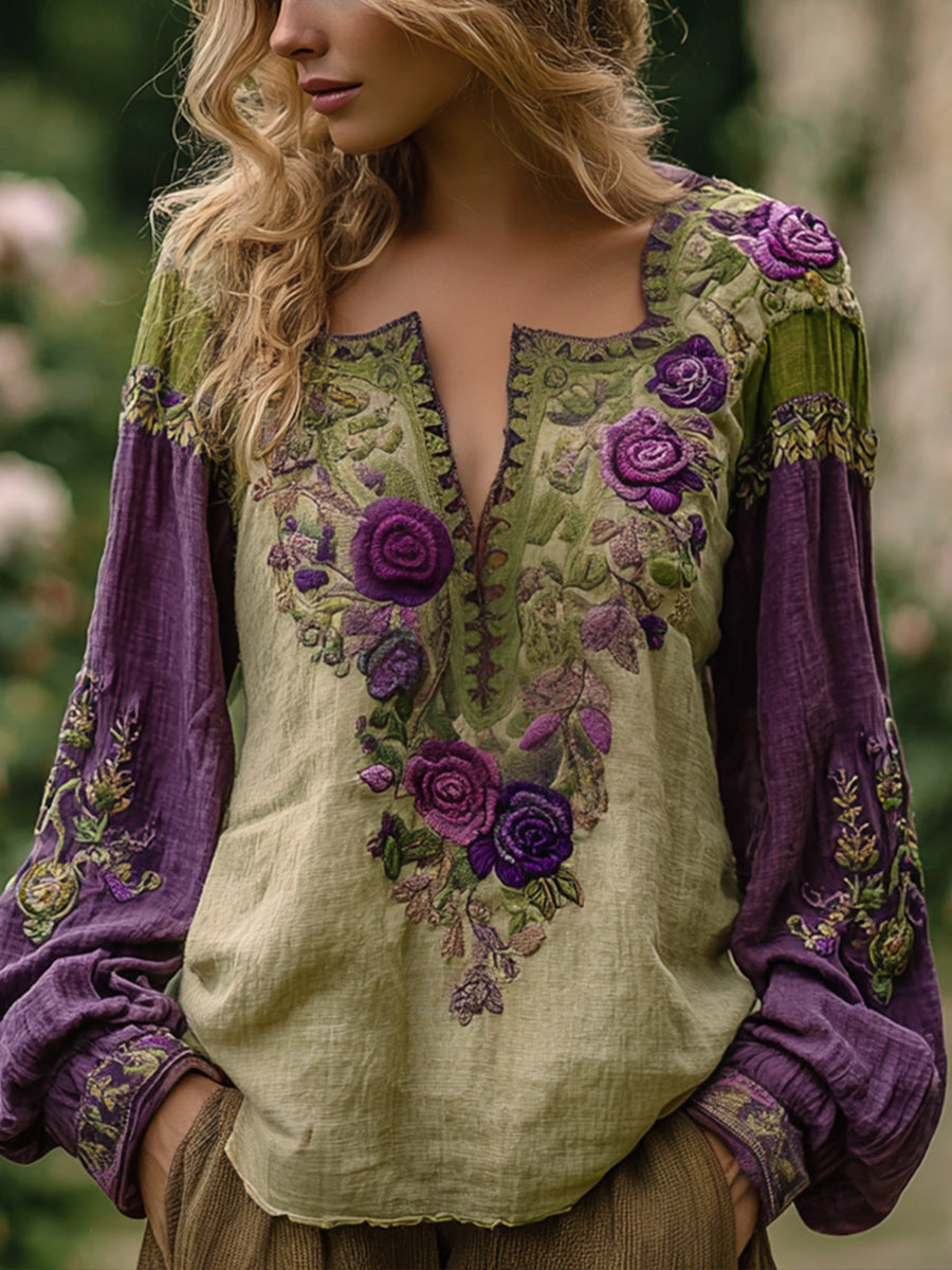 Damen Vintage Elegantes, mit Blumen besticktes Leinen hemd