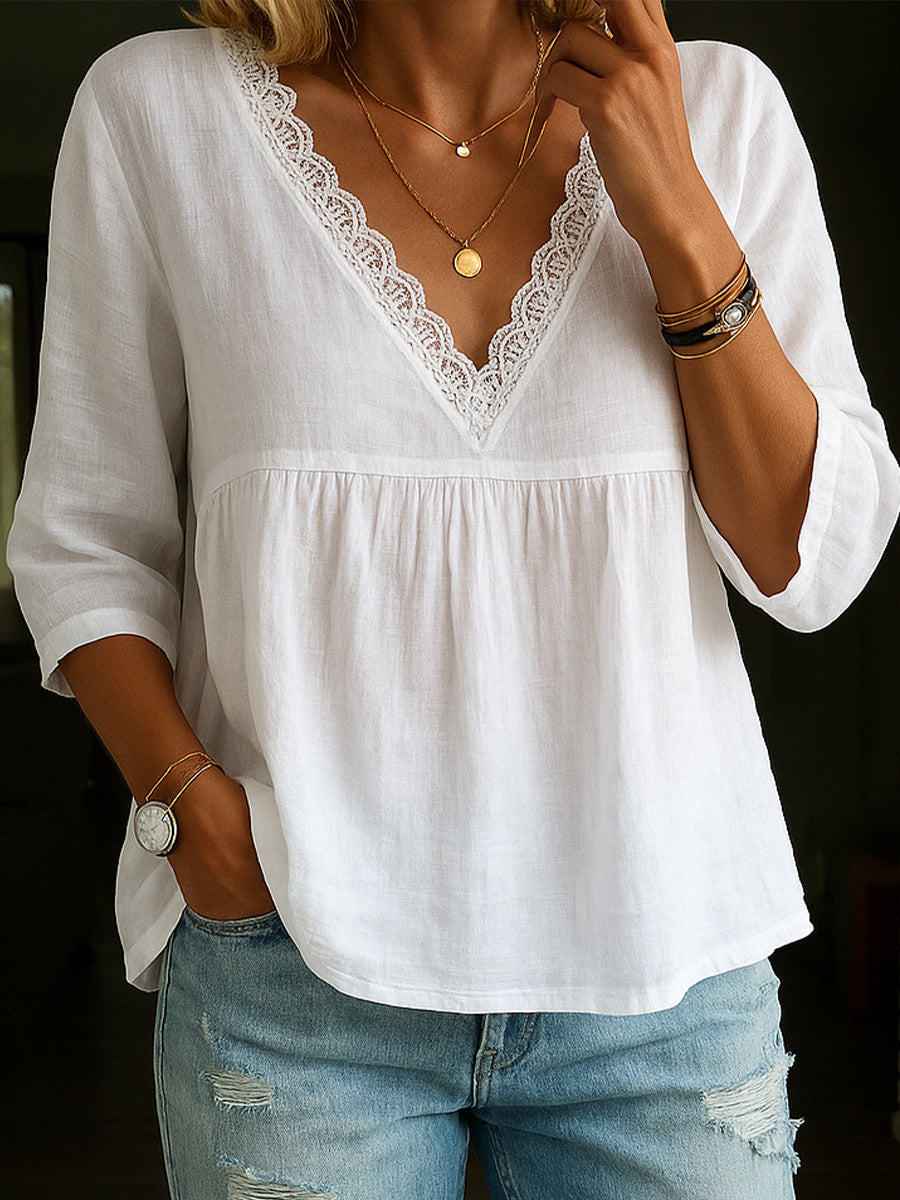 Elegantes Spitzen-Patchwork-Leinen hemd für Damen