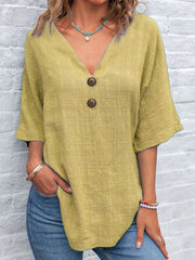 Bedrucktes V-Ausschnitt Revers knopf Vintage Lässiges Langarm-Shirt
