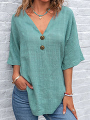Bedrucktes V-Ausschnitt Revers knopf Vintage Lässiges Langarm-Shirt