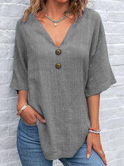 Bedrucktes V-Ausschnitt Revers knopf Vintage Lässiges Langarm-Shirt