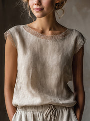 Elegantes Spitzen-Patchwork-Leinen hemd für Damen