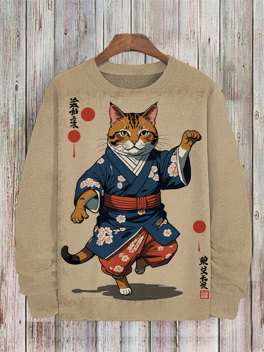 Herren Japanische Kunst Katze Bedrucktes Sweatshirt