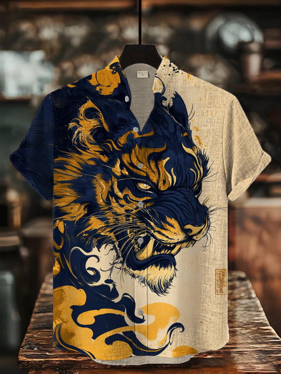 Herren Japanische Kunst Tiger Bedrucktes Hemd