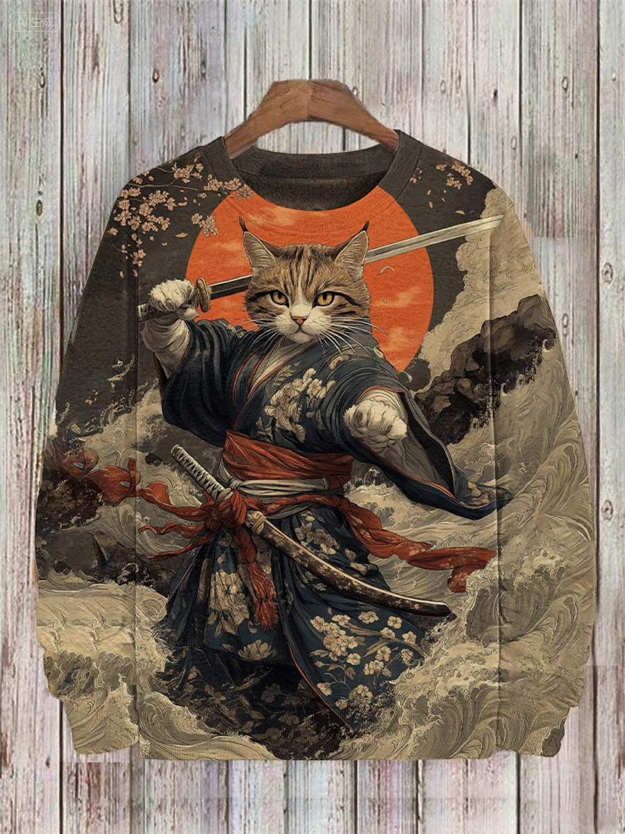 Herren Japanische Kunst Katze Bedrucktes Sweatshirt