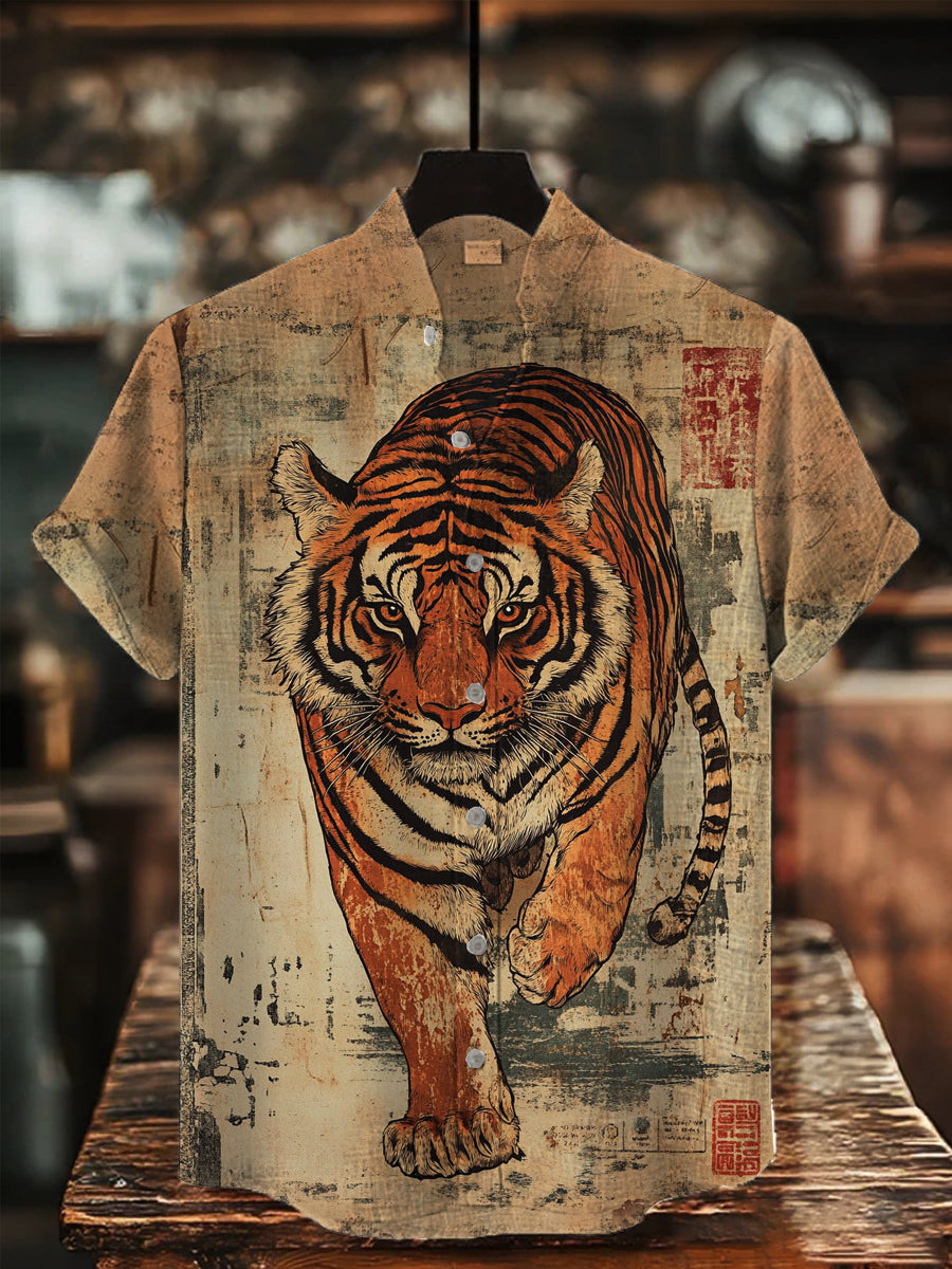 Herren Japanische Kunst Tiger Bedrucktes Hemd