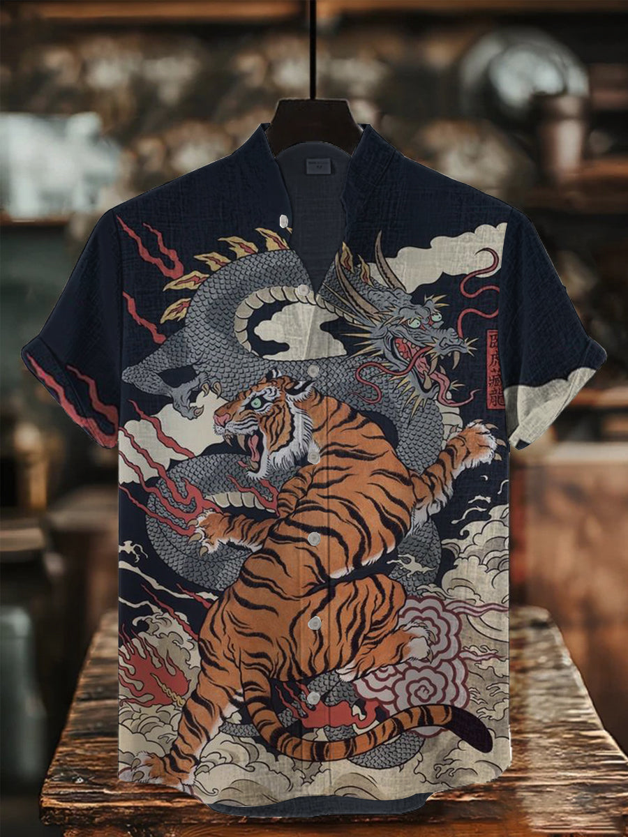 Herren Japanische Kunst Tiger Bedrucktes Hemd