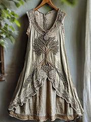 Damen Vintage Wikinger Baum des Lebens Steigung Leinen kleid