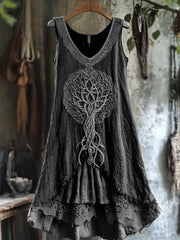 Frauen Stammes baum des Lebens Spitze Patchwork Kunst Leinen Tank Kleid
