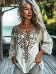 Frauen Vintage Tribal Keltisches Knoten Spitze V-Ausschnitt Leinen hemd