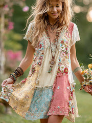 Damen Retro Blumen spleißen Kurzes Kleid aus Baumwolle und Leinen