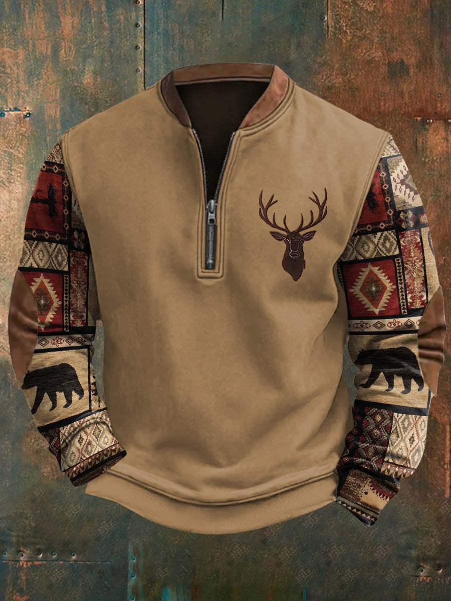 Herren Retro Western Print Casual Sweatshirt mit Reiß verschluss